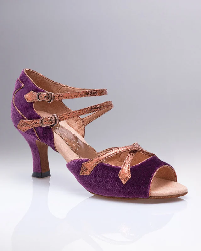 2" Constance -- Flare Heel Latin Sandal -- Purple Velvet/Bronze Trim