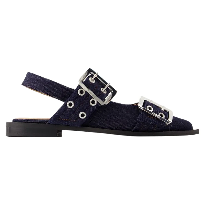 Feminine Buckle Ballerinas - Ganni - Cotton - Blue