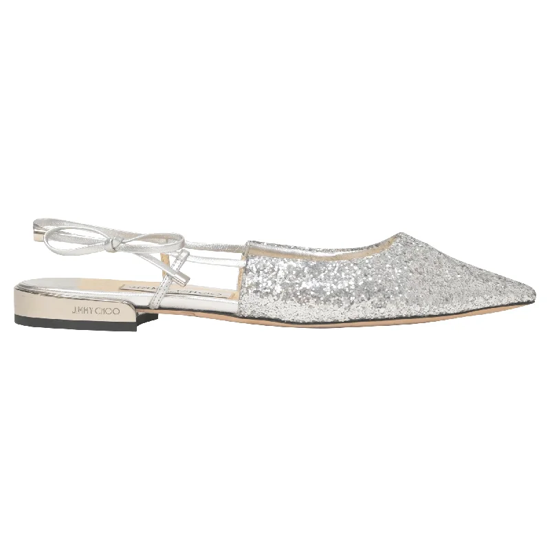 Jimmy Choo Gemista Slingback Sandals in Silver Glitter and Leather