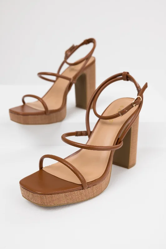 Cognac Jute Platform Thin Strap High Heels