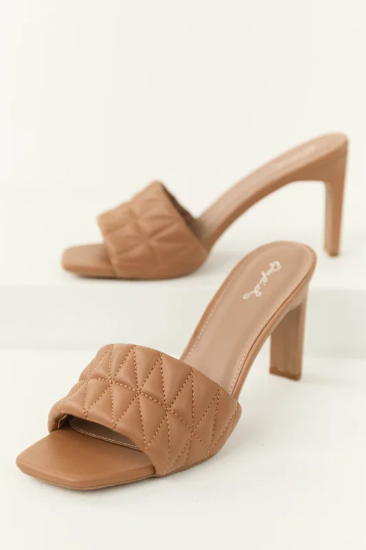 Cognac Square Toe Quilted Strap High Heels