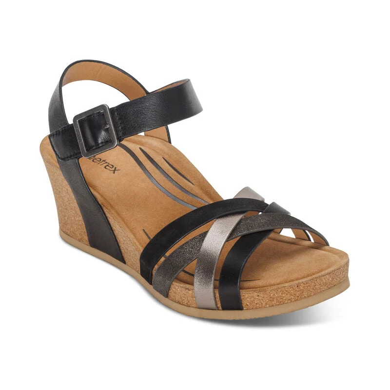 Noelle Woven Cork Wedge Sandal in Black