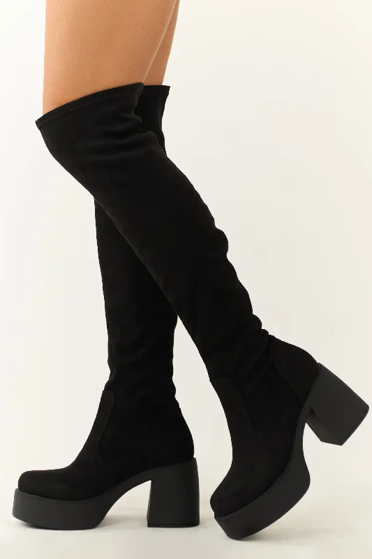 Black Chunky Heel Faux Suede Knee High Boots