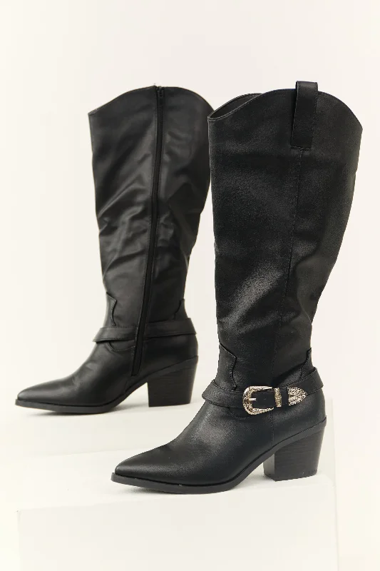 Black Faux Leather Pointed Toe Buckle Boot