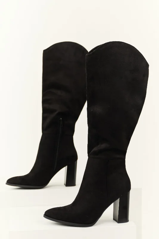 Black Faux Suede Block Heel Tall Boots