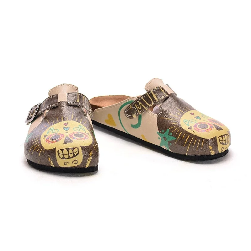 Brown & Yellow Sugar Skull Clogs CAL308