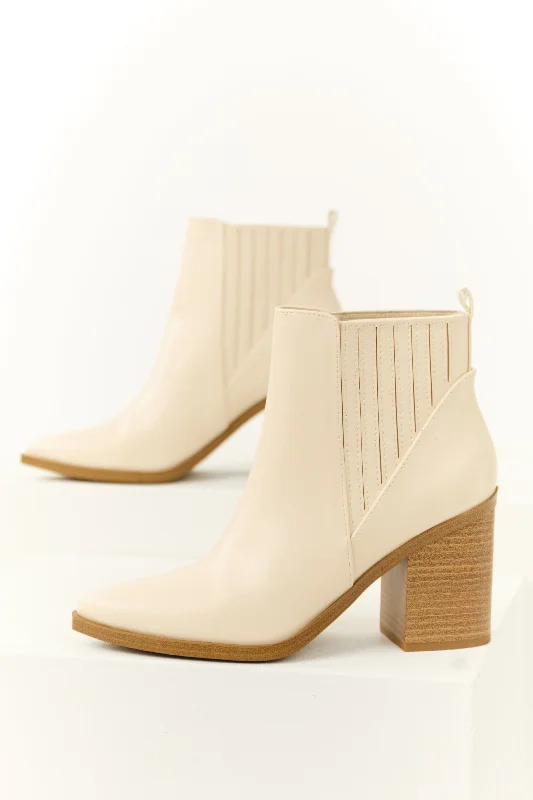 Cream Faux Leather Side Panel Heeled Bootie