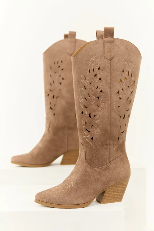 Dark Taupe Block Heel Western Cut Out Tall Boot