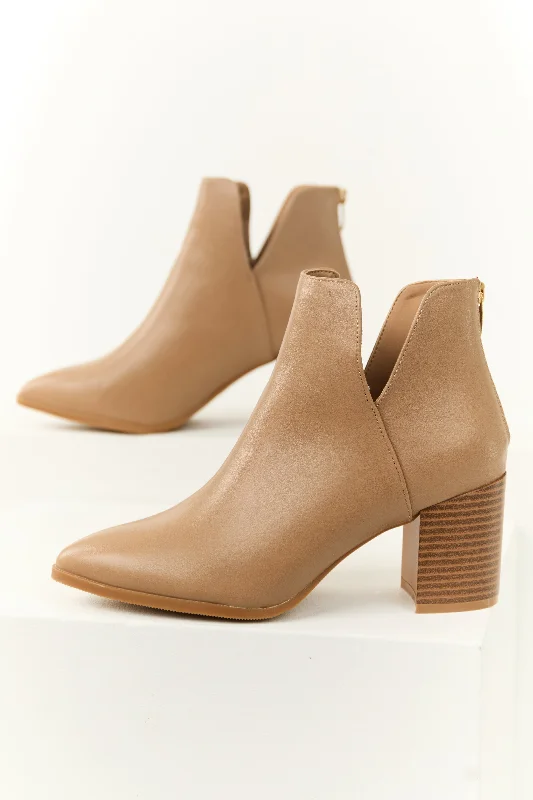 Latte Faux Leather Pointed Toe Block Heel Booties