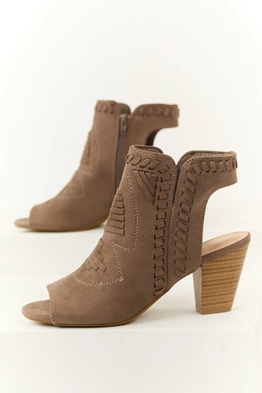 Taupe Faux Suede Open Toe Ankle Heels