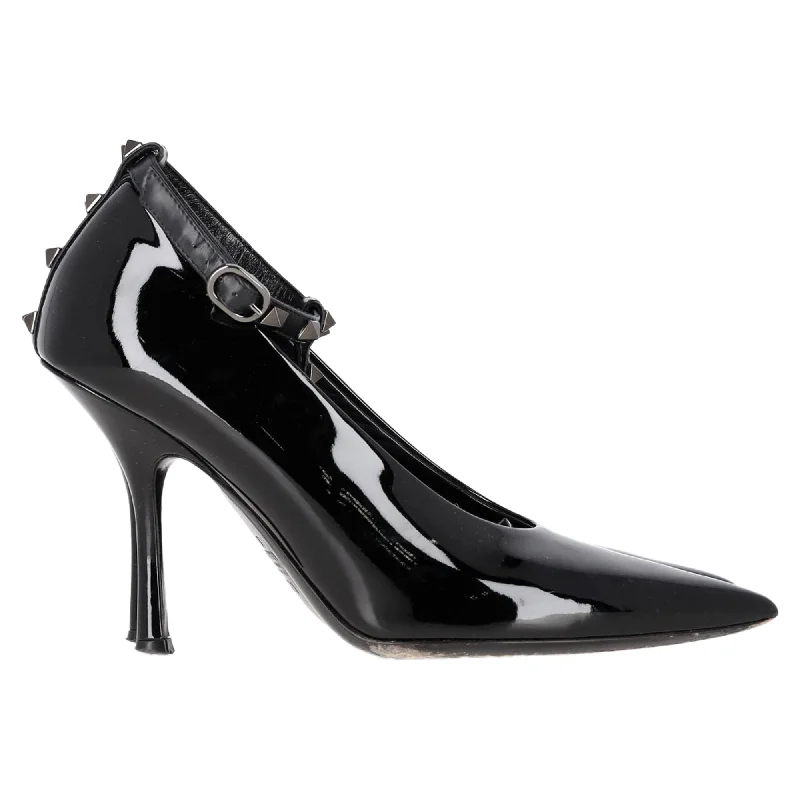 Valentino Garavani Rockstud T Bar Pumps in Black Patent Leather