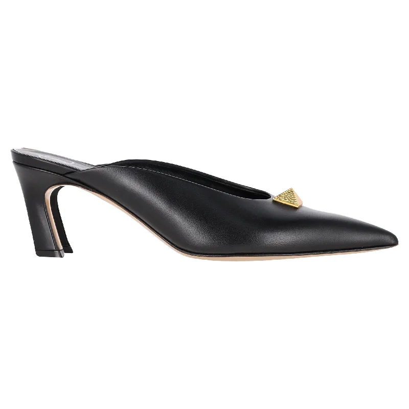 Valentino Garavani Roman Stud Pointed-Toe Heeled Mules in Black Calfskin Leather